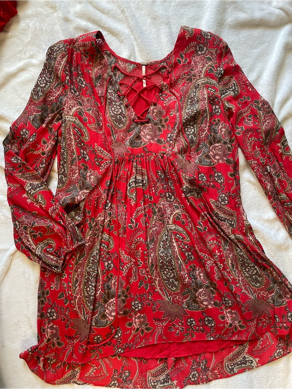 Free People Red Paisley Lace-Up V-Neck Tunic Babydoll Dress Sz S Boho Festival